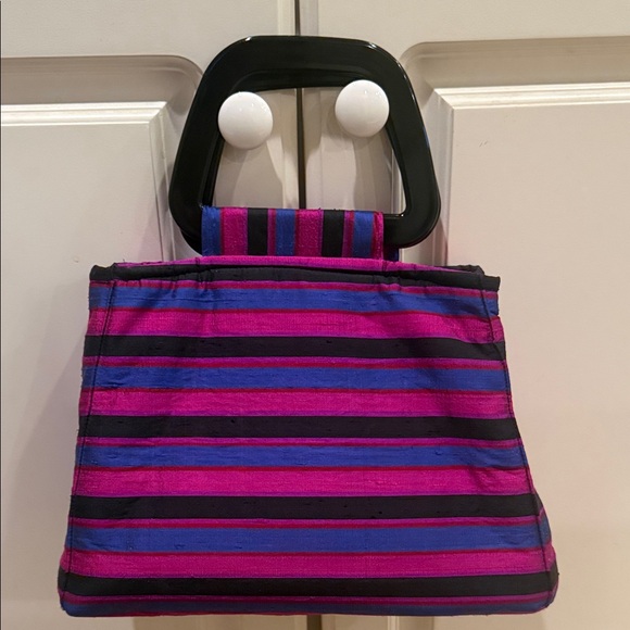 Striped Pink and Blue Women\'s Bag in dupioni silk lucite handles medium bag